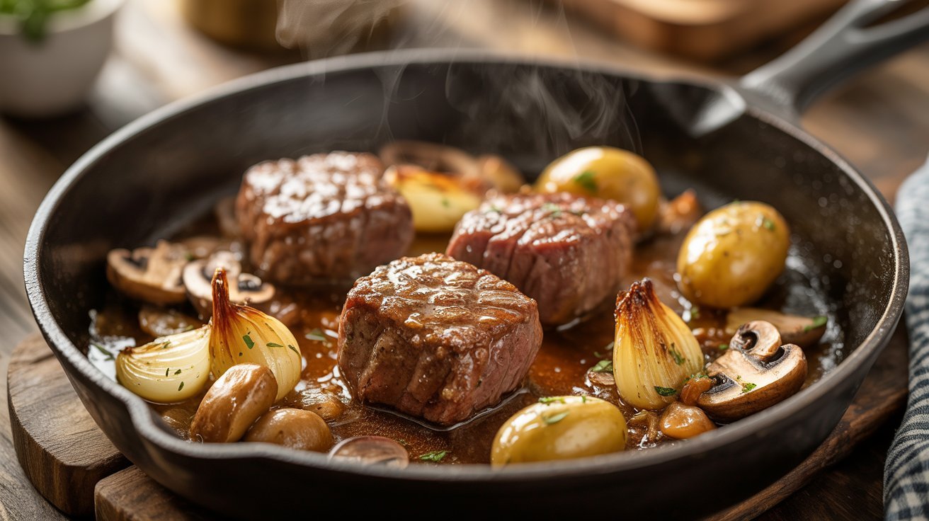 A skillet filled with beef steak, sautéed mushrooms, and roasted potatoes, representing a one-pan venison cube steak dish.