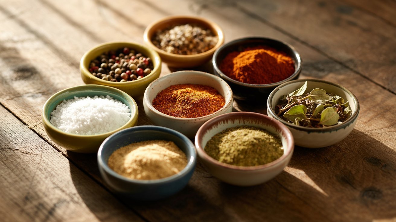 A wooden table displays various bowls filled with colorful spices and herbs, ready for seasoning dishes.
