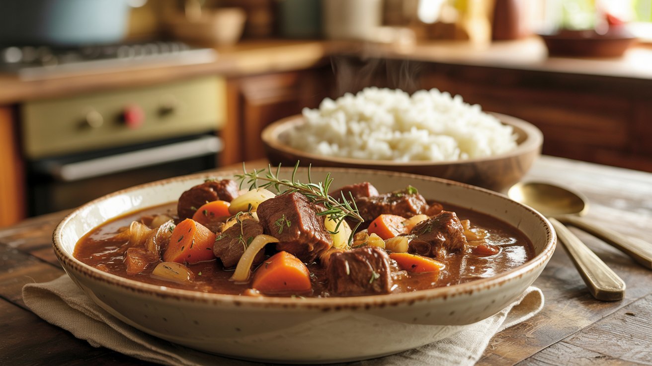 A wooden table displays a bowl of beef stew accompanied by rice and carrots, highlighting a comforting dish.