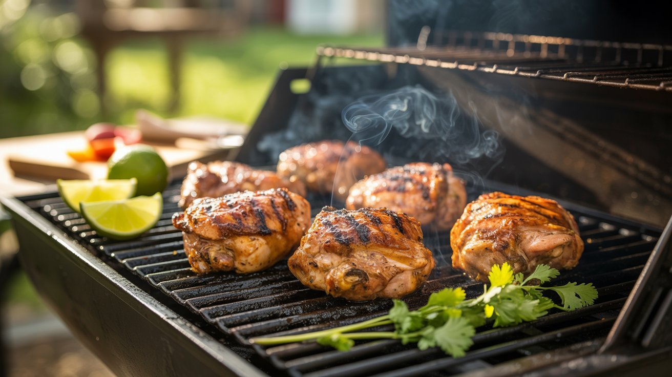Grilled chicken thighs on a grill, garnished with lime wedges and fresh cilantro, showcasing a flavorful cooking method.