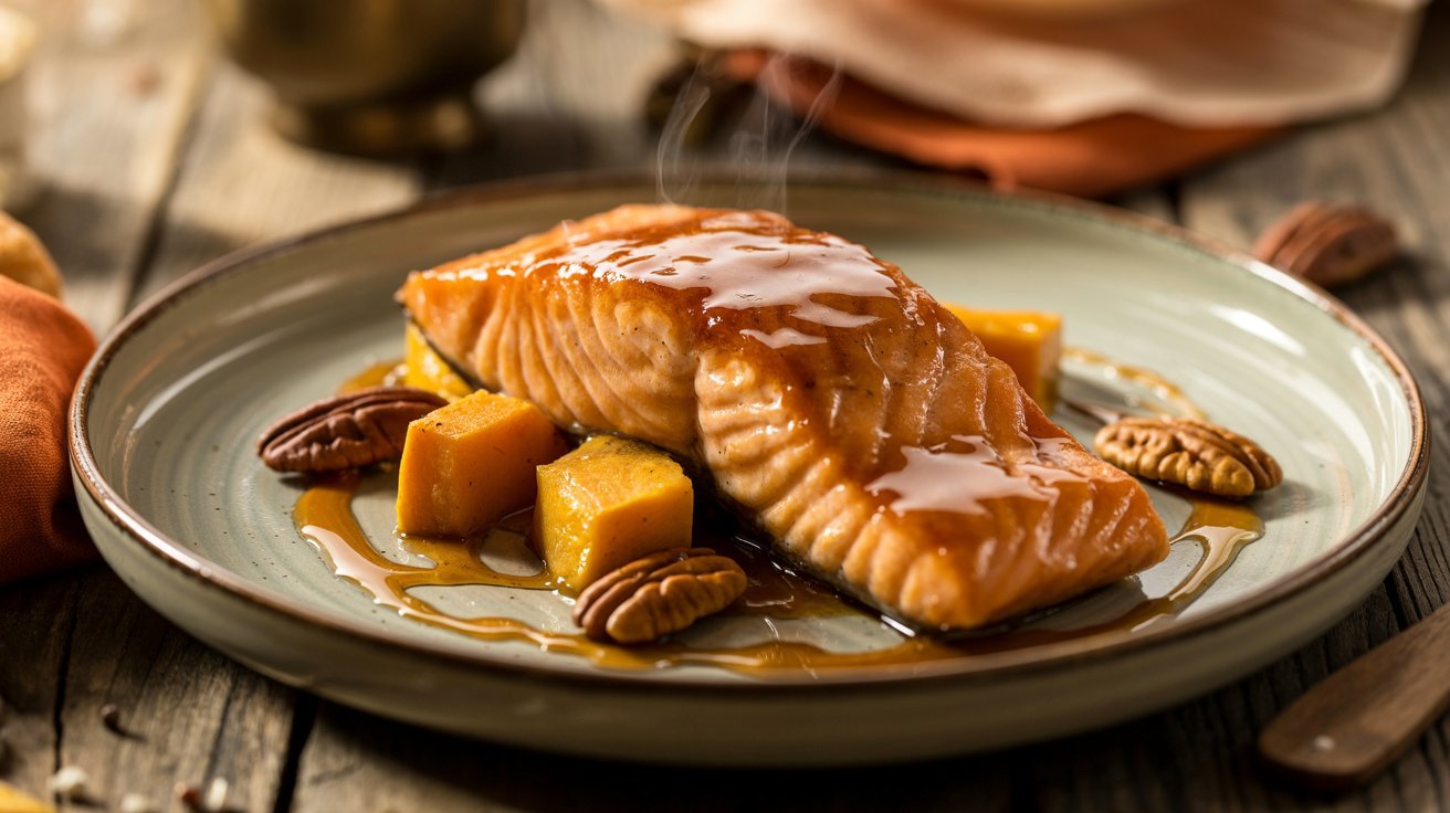 A dish of maple glazed salmon accompanied by pecans and fresh apple slices, ideal for a warm autumn evening.