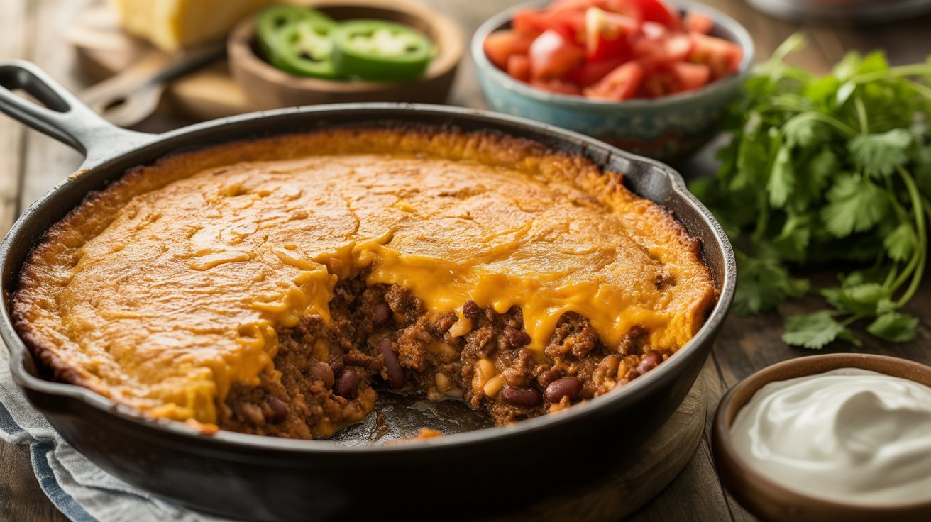Skillet filled with chili casserole, showcasing Cowboy Cornbread Taco Bake with cornbread topping and colorful ingredients.