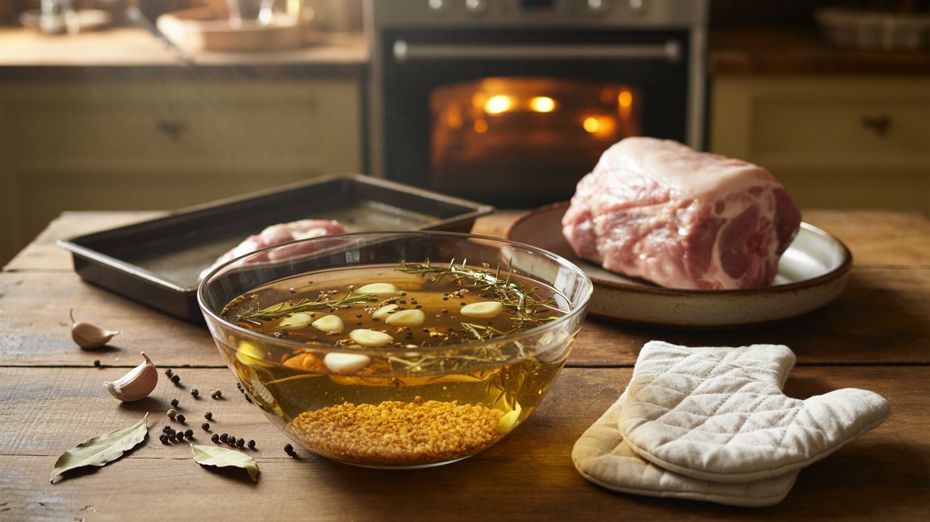 A bowl filled with seasoned pork and spices, placed on a table, showcasing ingredients for a simple brine recipe.