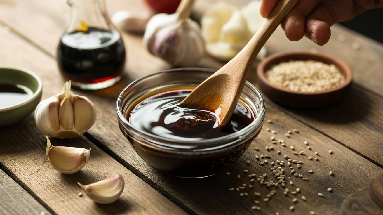 A person holds a spoon above a jar of savory umami sauce, indicating the preparation step in a cooking process.