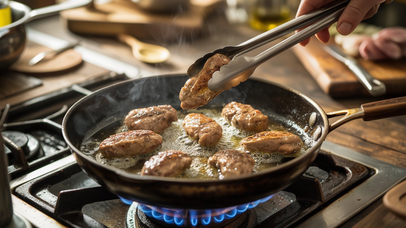 A person cooks chicken livers in a pan on a stove, focusing on the sizzling meat as it browns.