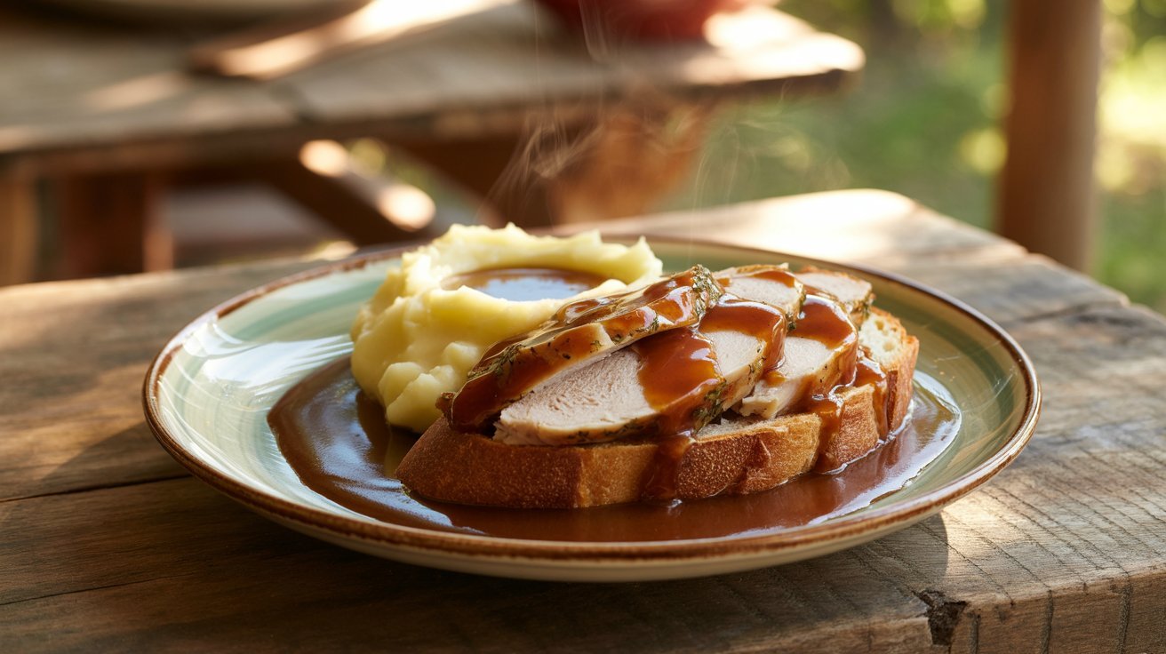 A plate featuring a succulent piece of meat topped with rich gravy, part of a Wild Turkey Manhattan recipe presentation.
