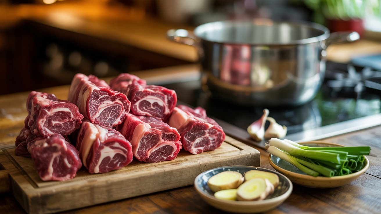 Raw beef on a cutting board beside a pot, illustrating preparation for a flavorful beef noodle soup recipe.