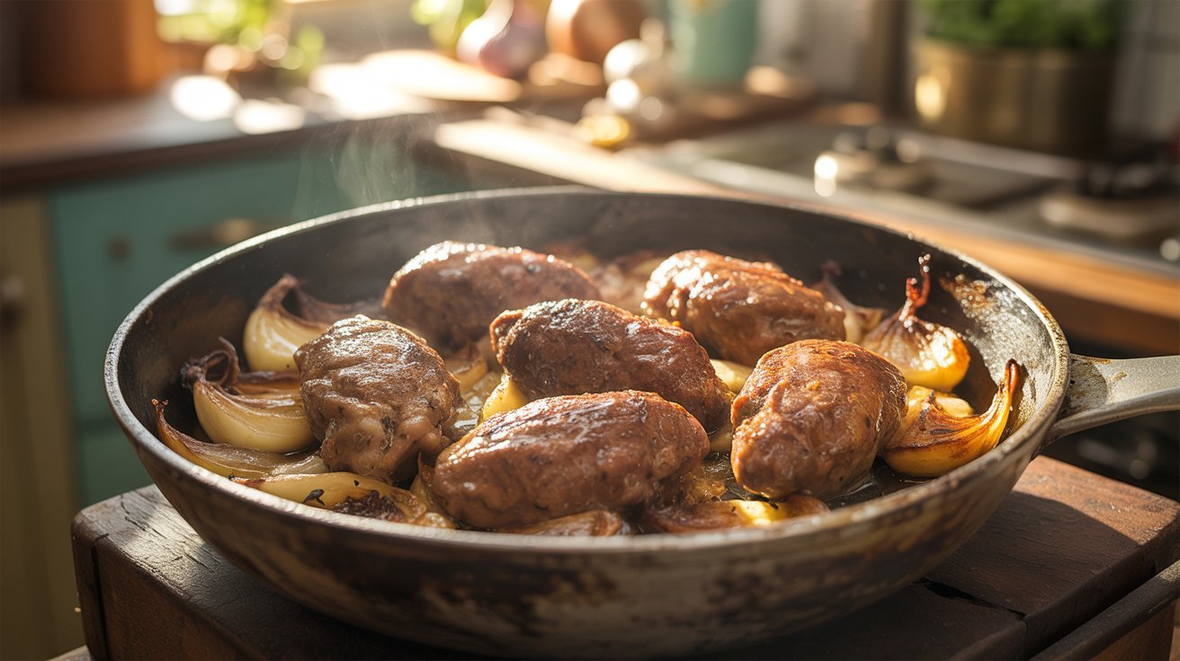 A frying pan with meatballs and onions on top, illustrating a flavorful dish being cooked.