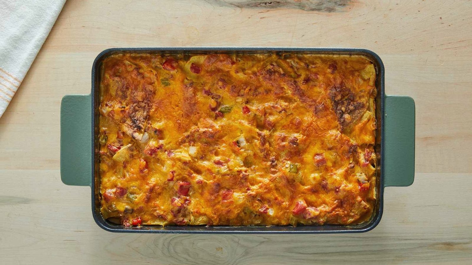 A casserole dish showcasing baked King Ranch Chicken Casserole