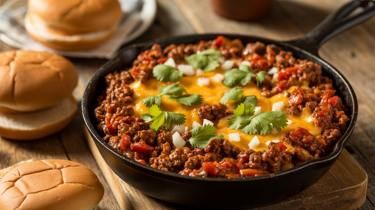 A skillet of Taco Sloppy Joe casserole, rich with chili, ground meat, and beans, garnished and steaming hot.