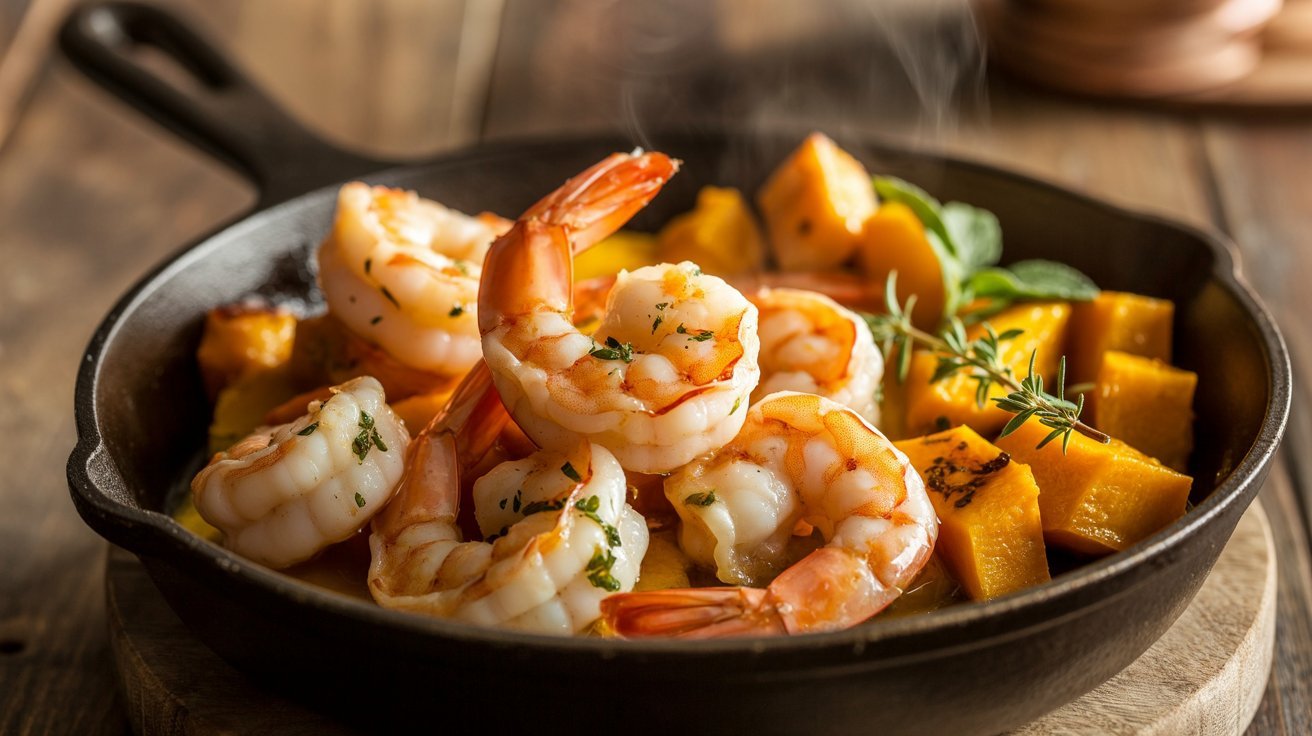 A skillet filled with garlic butter shrimp and roasted squash, placed on a wooden table.