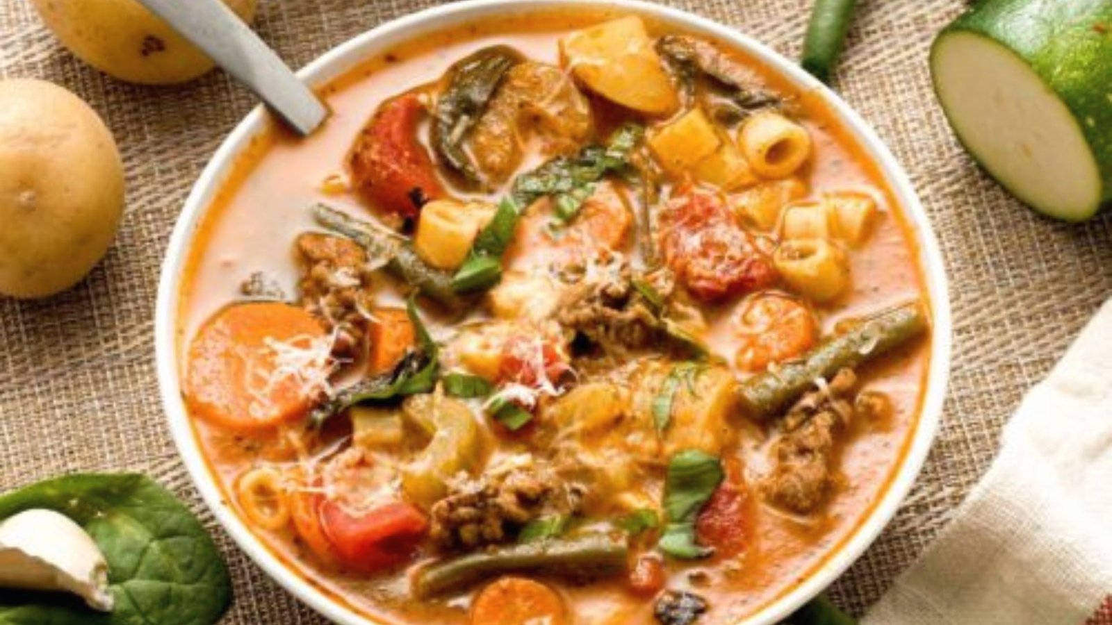 A vibrant bowl of beef minestrone soup featuring assorted vegetables and meat, highlighting a comforting dish.