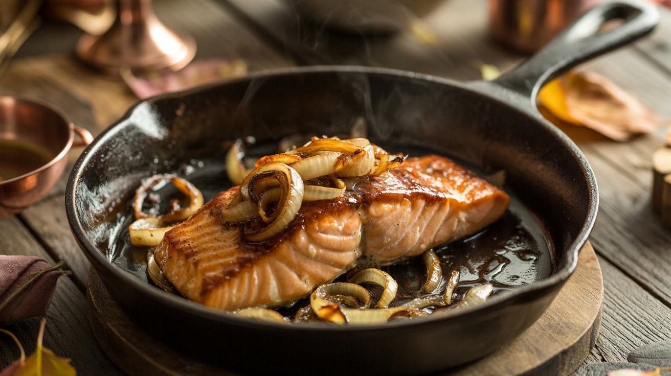 Salmon fillet in a skillet with caramelized onions and mushrooms, part of a Skillet Balsamic Salmon dish.