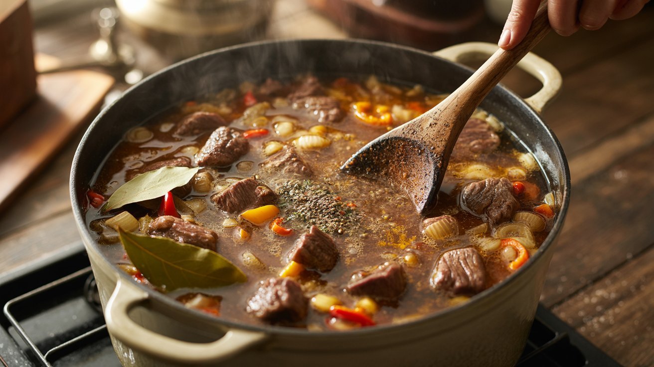 A cook stirring a pot of meat stew, blending in liquid and seasoning for a flavorful dish.