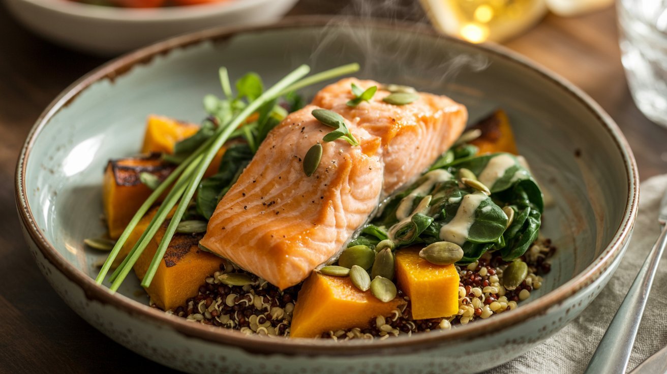 A plate featuring a butternut squash salmon bowl with salmon, roasted squash, and mixed vegetables.