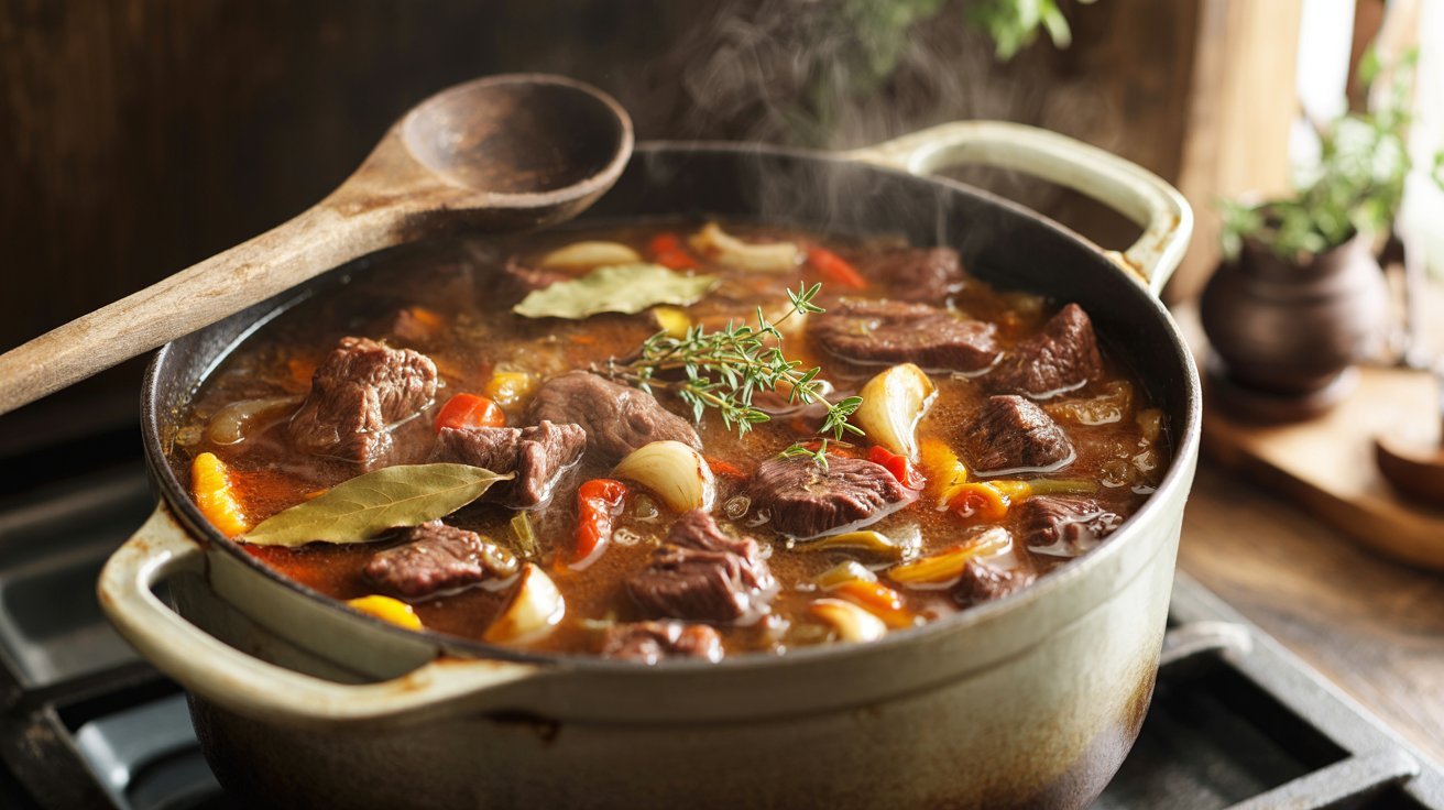 A pot filled with stew meat and colorful vegetables, simmering until perfectly cooked.