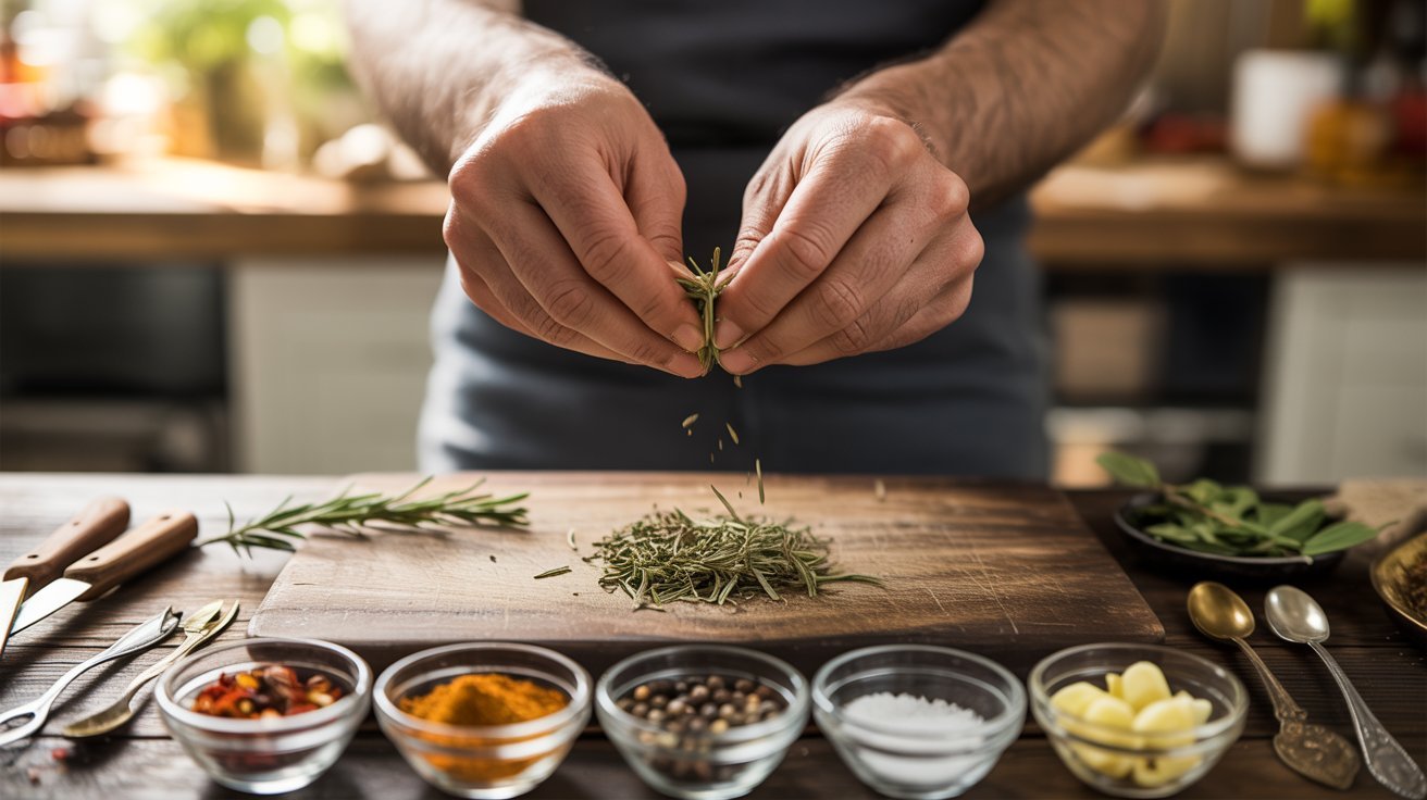 A person crushing herbs and spices on a cutting board, preparing for a killer shrimp recipe step-by-step.