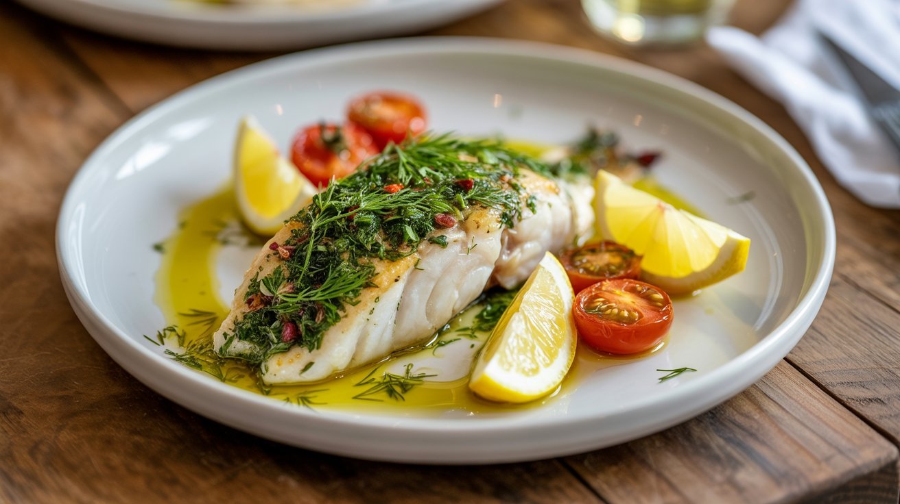 A white plate featuring a baked fish dish topped with lemon slices and tomatoes, prepared for serving with herbs.