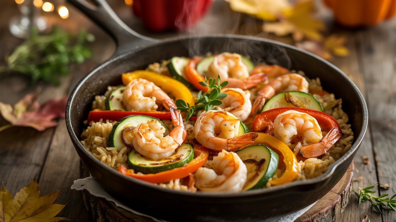A skillet filled with shrimp and colorful vegetables on a wooden table, showcasing a delicious fall dish.