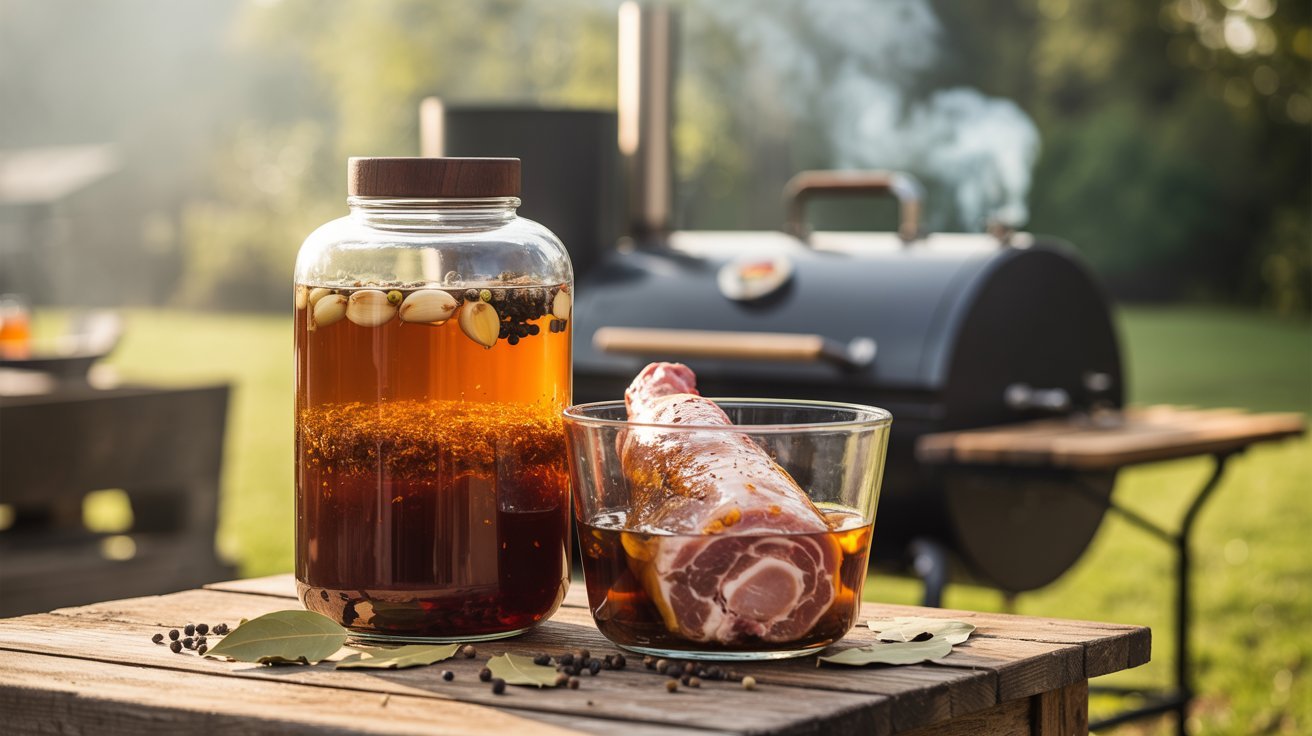 BBQ sauce jar and a juicy pork roast displayed on a picnic table, illustrating a quick brine recipe for grilling.