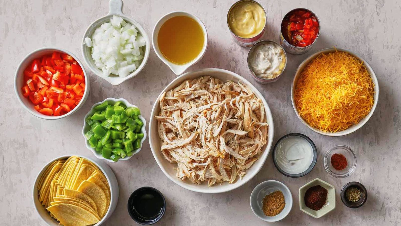 Ingredients for a King Ranch Chicken arranged on a table, including lettuce, tomatoes, cheese, and taco shells.