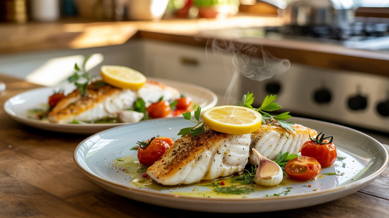 A plate of baked Corvina fish garnished with lemon slices and fresh herbs, showcasing a vibrant and appetizing presentation.