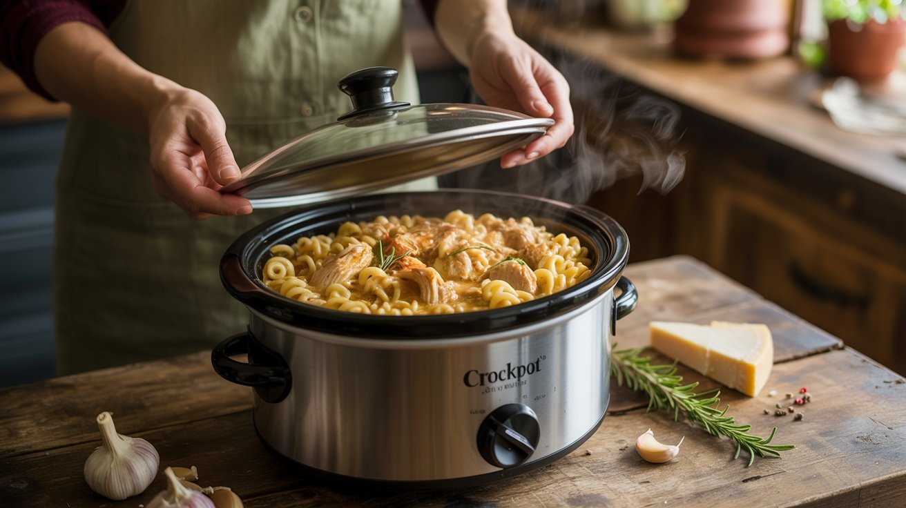 A close-up of a slow cooker containing chicken and pasta, highlighting a popular and convenient recipe option