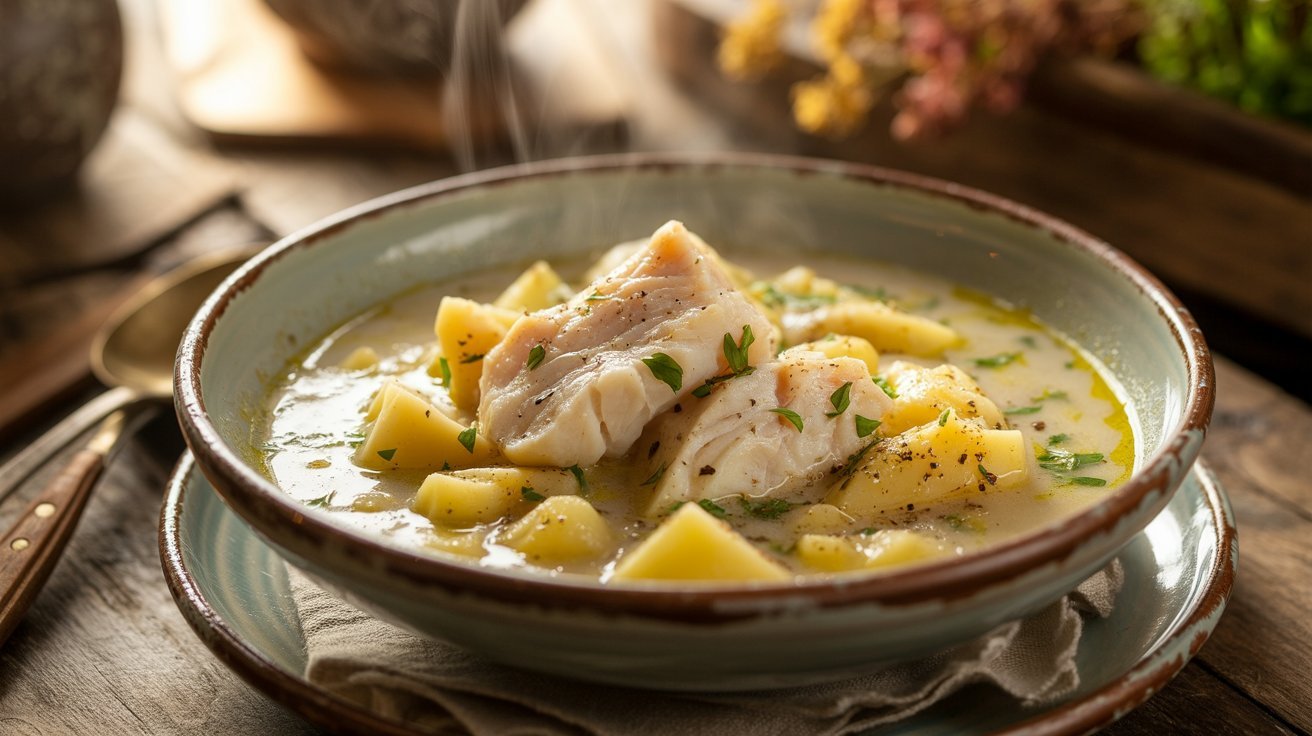 A rustic bowl of cod and potato soup, featuring chunks of fish and diced potatoes in a warm broth.