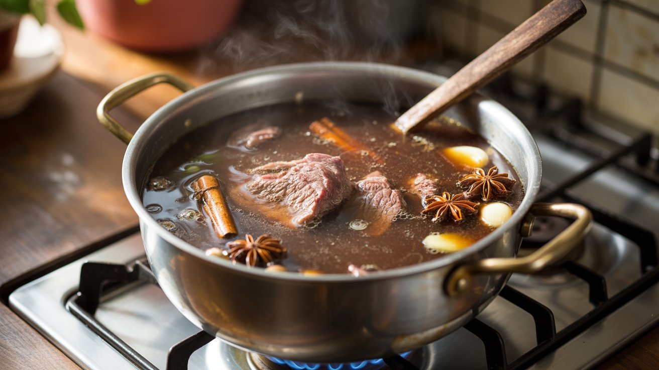 A pot of beef stew with spices simmering on a stove, part of a recipe for classic beef noodle soup.