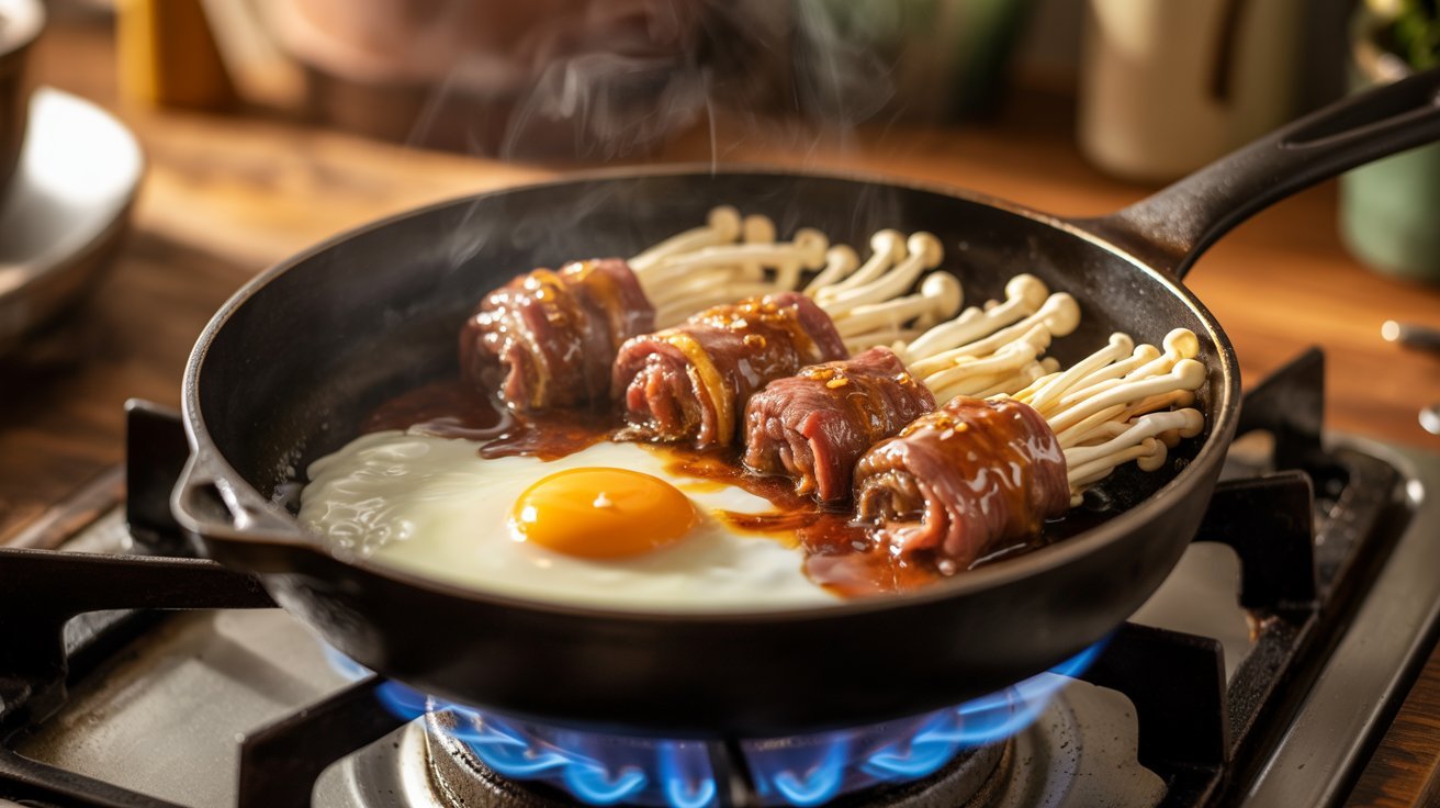 A pan with Enoki Beef Roll and eggs cooking together, highlighting the optional egg addition for extra richness.