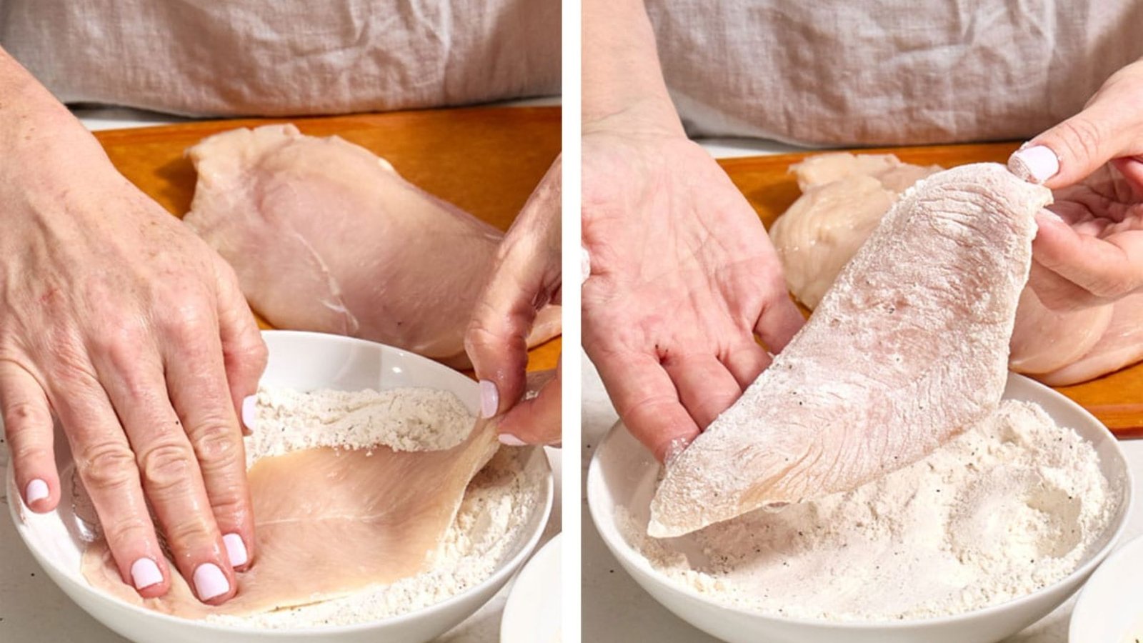 Two images of a woman preparing a breading station, holding a piece of chicken in her hand for cooking.