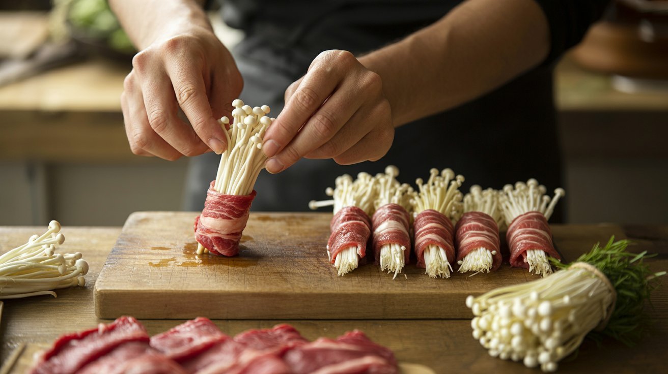 A Person Wrapping Beef Over Enoki on a Cutting Board.