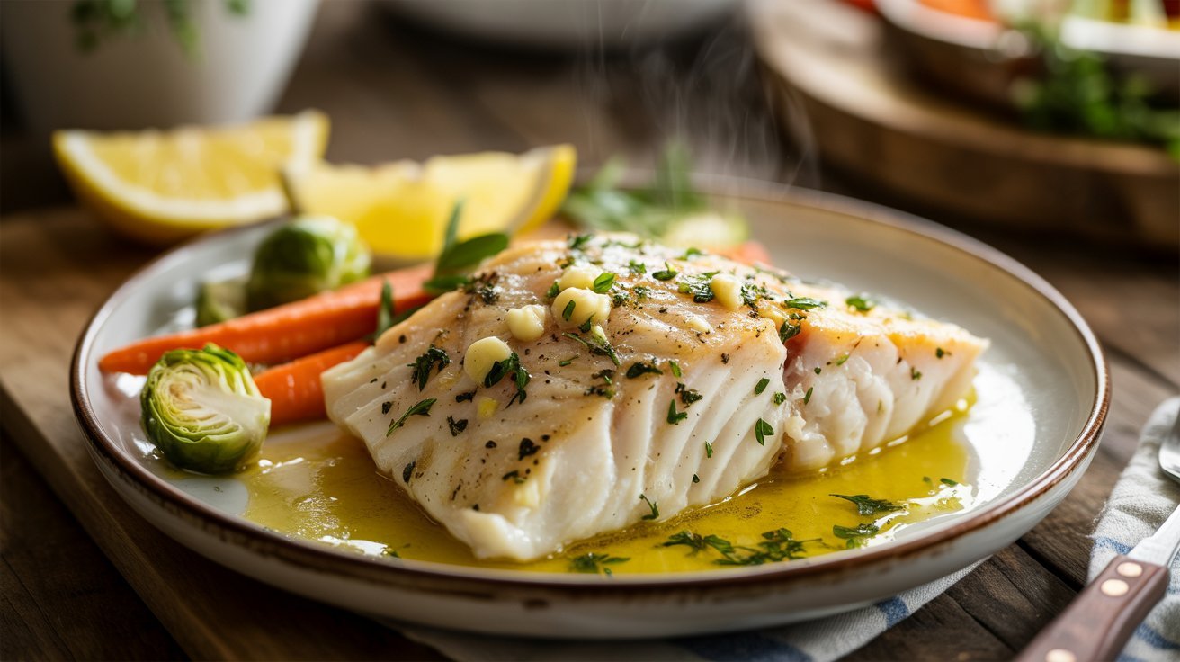 A plate of baked cod topped with garlic butter, served with vegetables and lemon wedges.