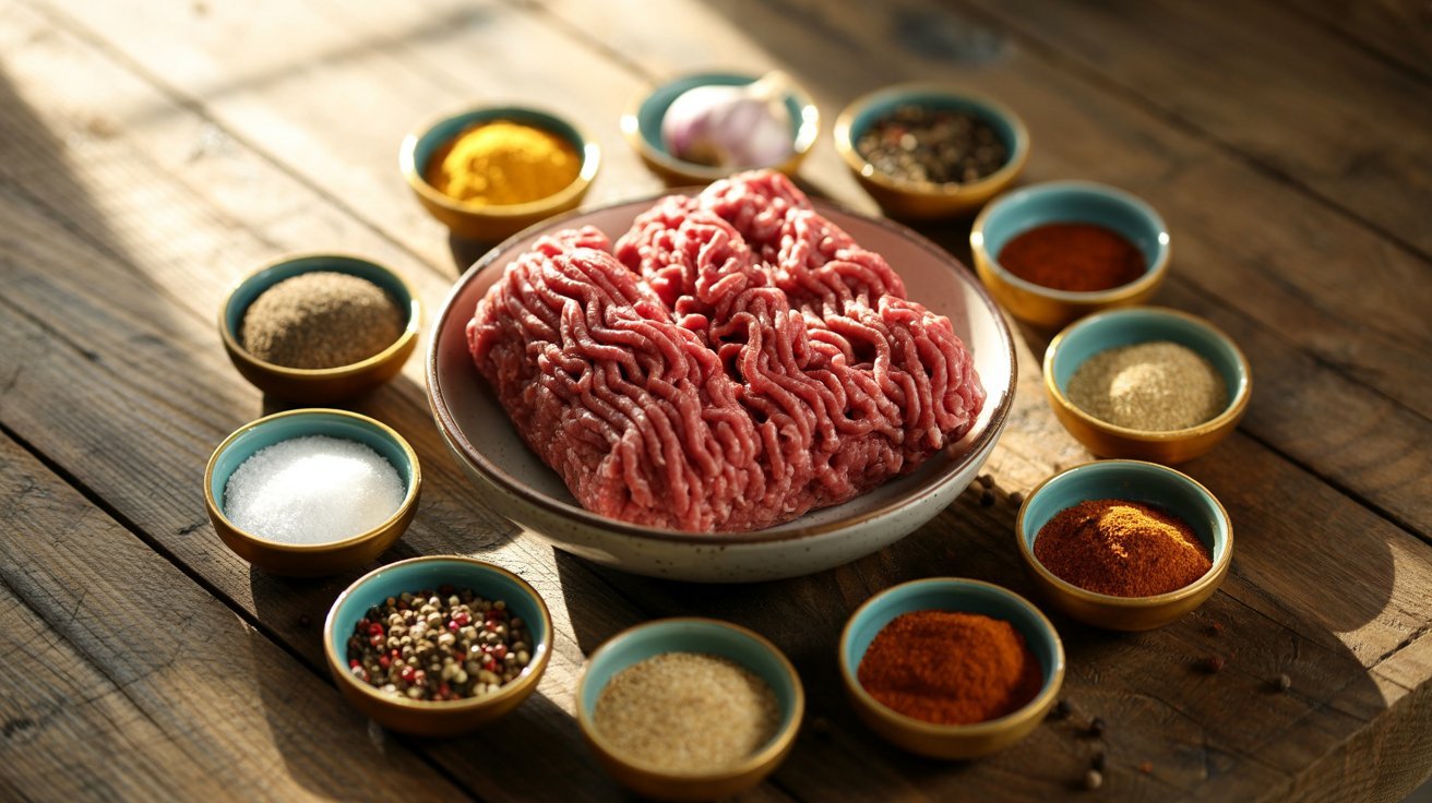 Bowls of raw ground beef on a wooden table, intended for mixing with seasonings for burger recipes.