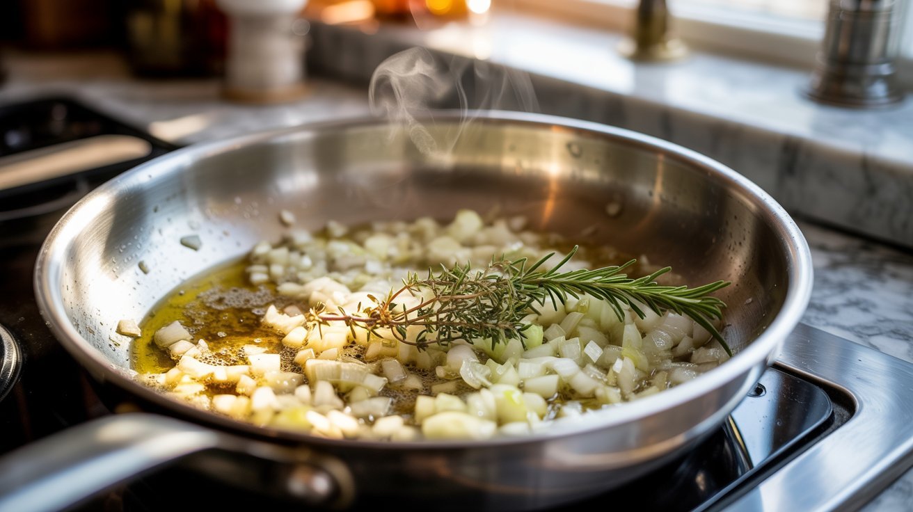 A pan on the stove with sautéing onions and herbs, representing the cooking of aromatics in the recipes.