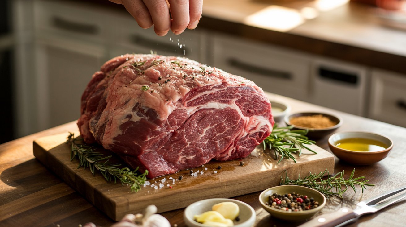 A person sprinkling salt on a large roast as part of the Pikes Peak Roast recipe preparation step.