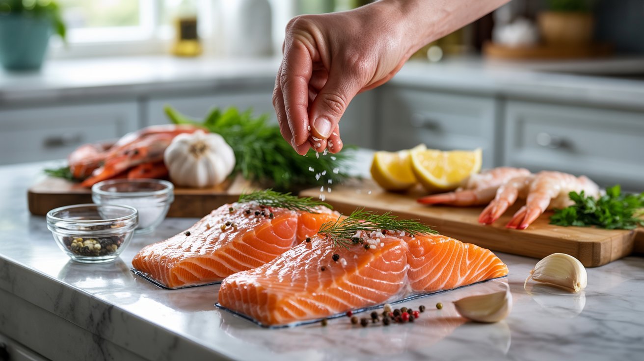 Salmon fillets on a cutting board with a hand sprinkling salt, preparing for a stuffed salmon recipe.