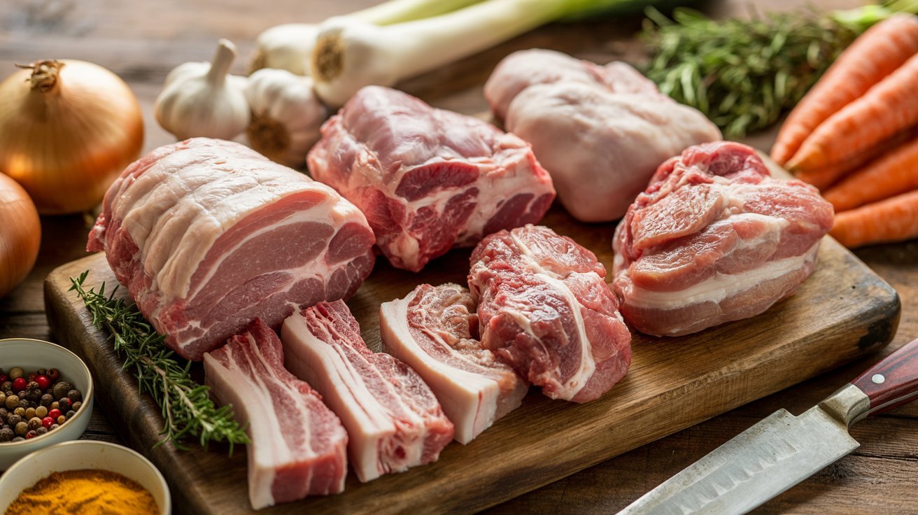 Pork cuts arranged on a wooden board with vegetables, herbs, spices, and a chef’s knife in a warm rustic kitchen setting.
