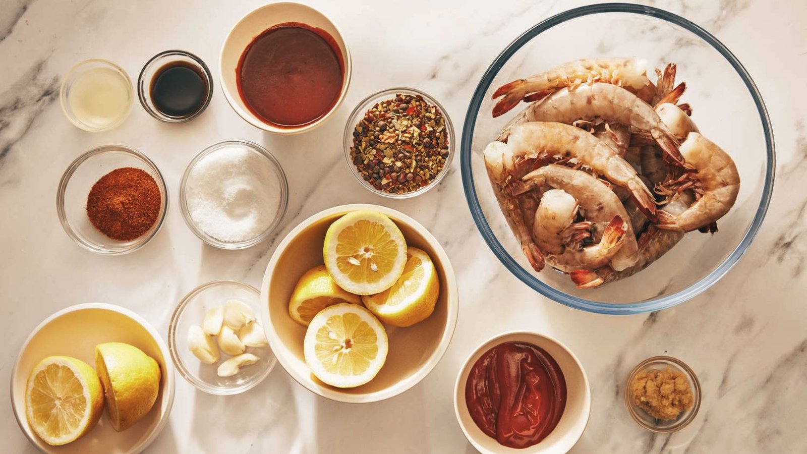 Ingredients for the best peel and eat shrimp recipe, including shrimp and lemon, displayed on a marble countertop.