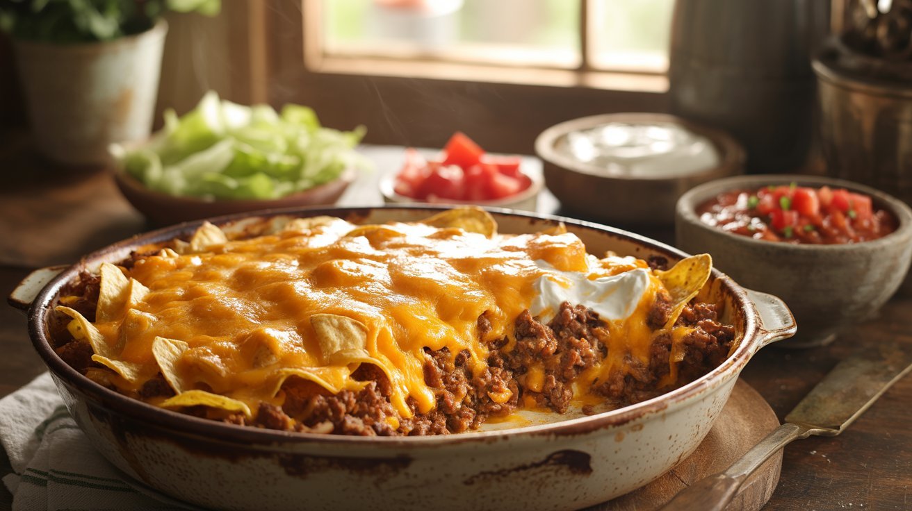 A casserole dish filled with cheesy nachos, representing a delicious Walking Taco Casserole.