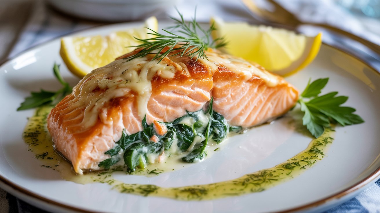 A plated salmon fillet topped with crabmeat and shrimp, garnished with greens and lemon slices.
