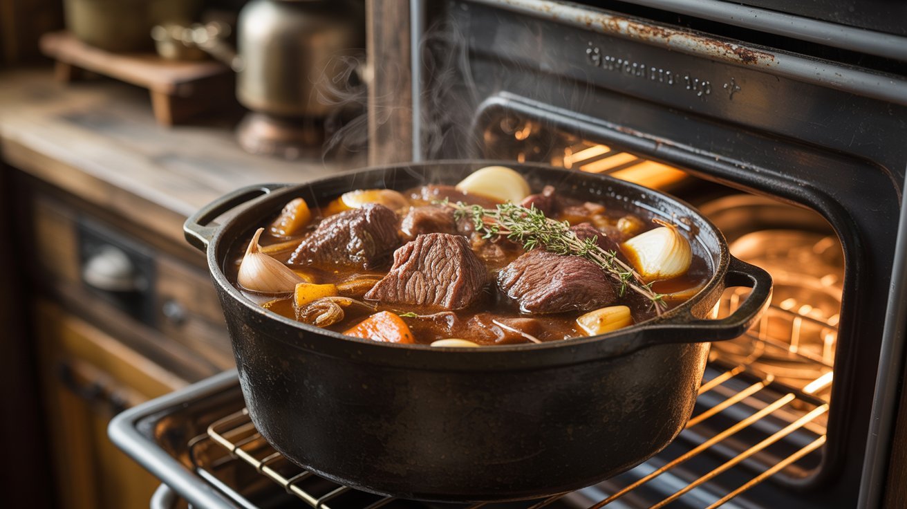 A pot of stew simmers in an oven, showcasing the oven-braised cooking method for rich flavors and tender ingredients.
