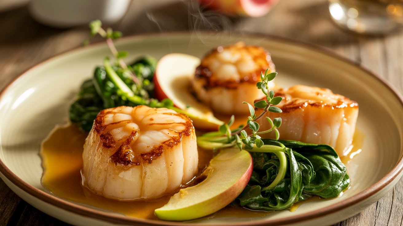 A plate featuring three scallops glazed with apple, accompanied by fresh spinach and apple slices.