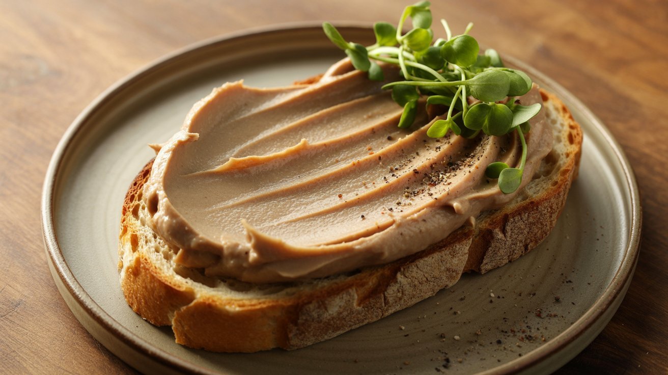 A slice of bread with chicken liver mousse, illustrating a dish from the Smoked Chicken Liver Mousse recipe.