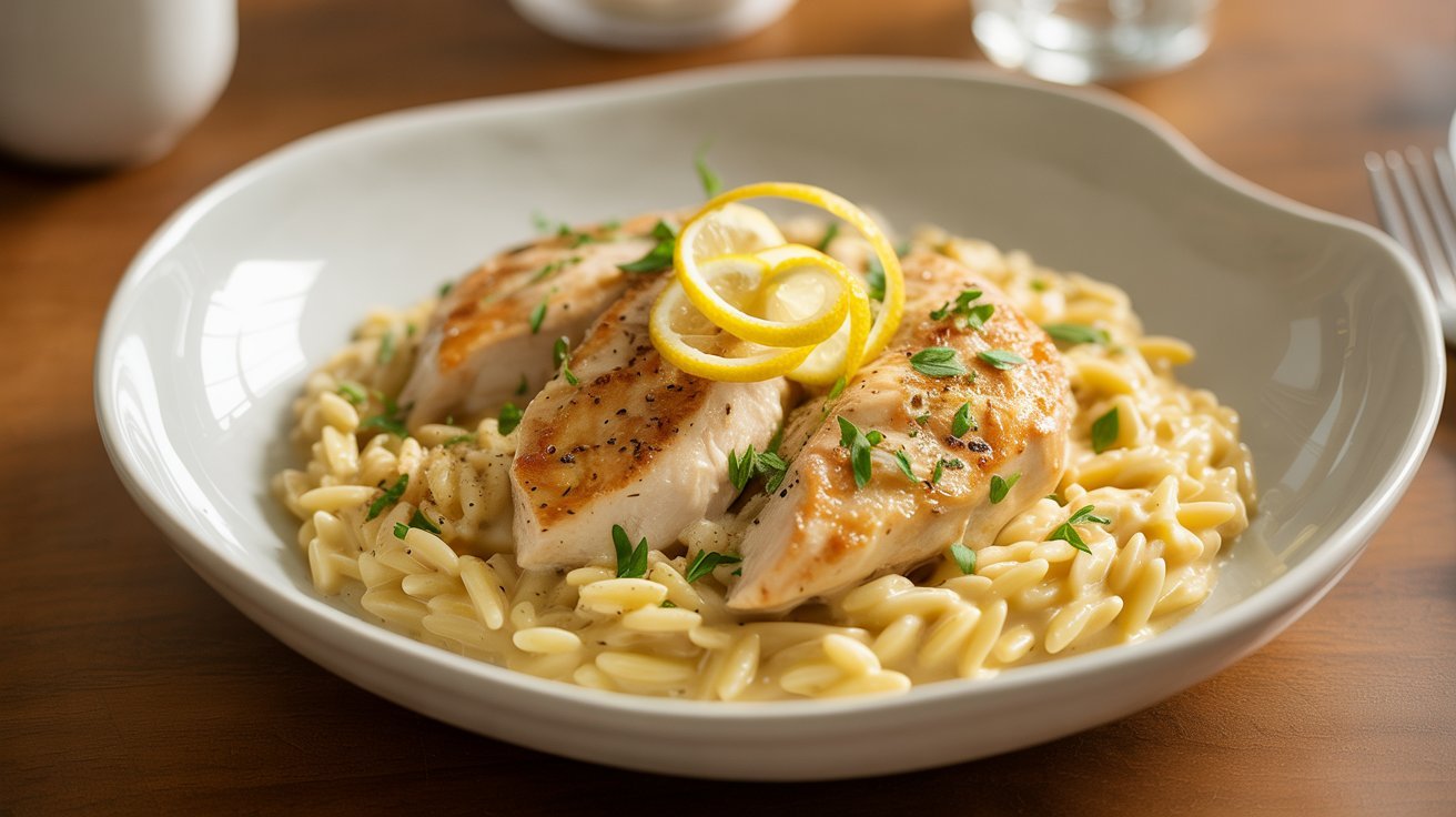 A plate of creamy lemon chicken orzo pasta, featuring tender chicken pieces and a zesty lemon sauce.