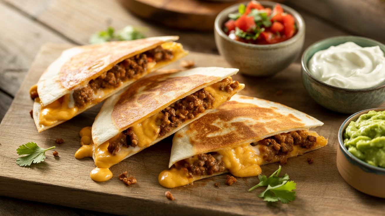 A plate of taco quesadillas filled with melted cheese and seasoned meat, garnished with fresh herbs.