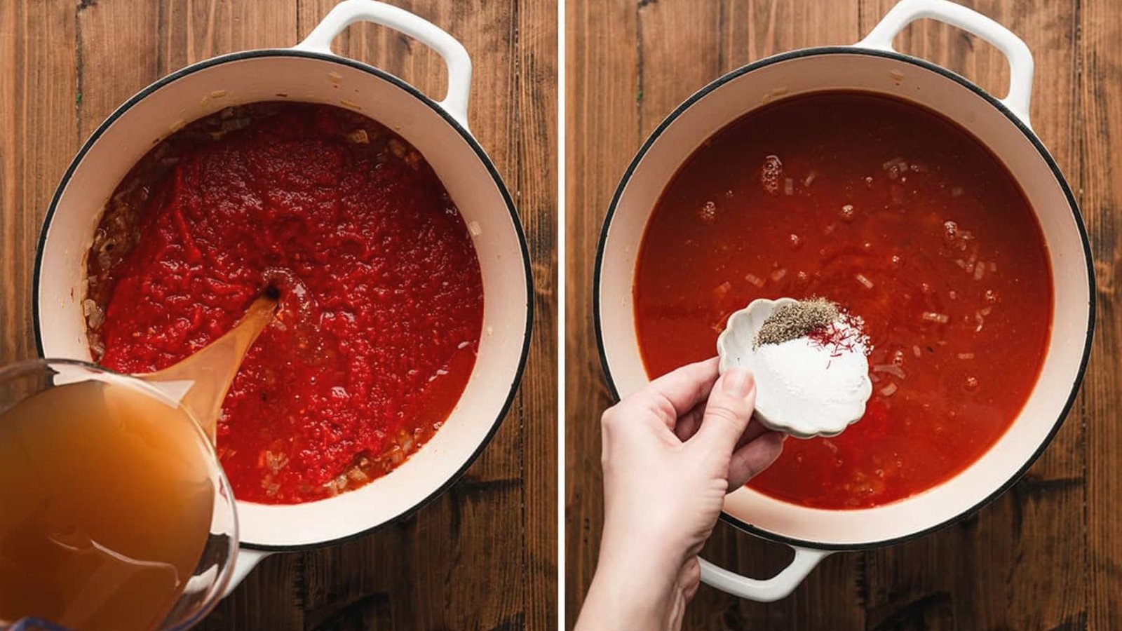 Two-step images demonstrating how to prepare tomato sauce by adding broth and tomatoes, then slow cooking the mixture.
