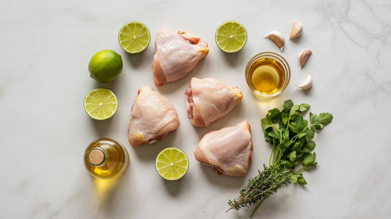 A Fresh ingredients for tequila lime chicken thighs including raw chicken, lime halves, tequila, garlic, olive oil, and herbs arranged on a kitchen counter