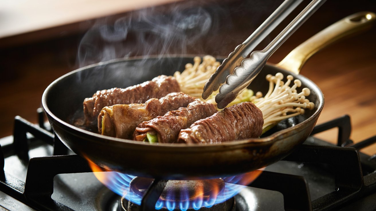 A skillet on a stove filled with Enoki Beef Roll and assorted vegetables,