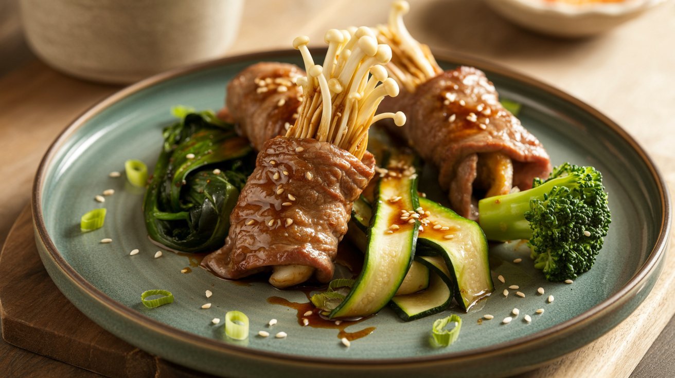 A plate featuring low-carb enoki beef rolls with assorted vegetables, showcasing a healthy meal option.